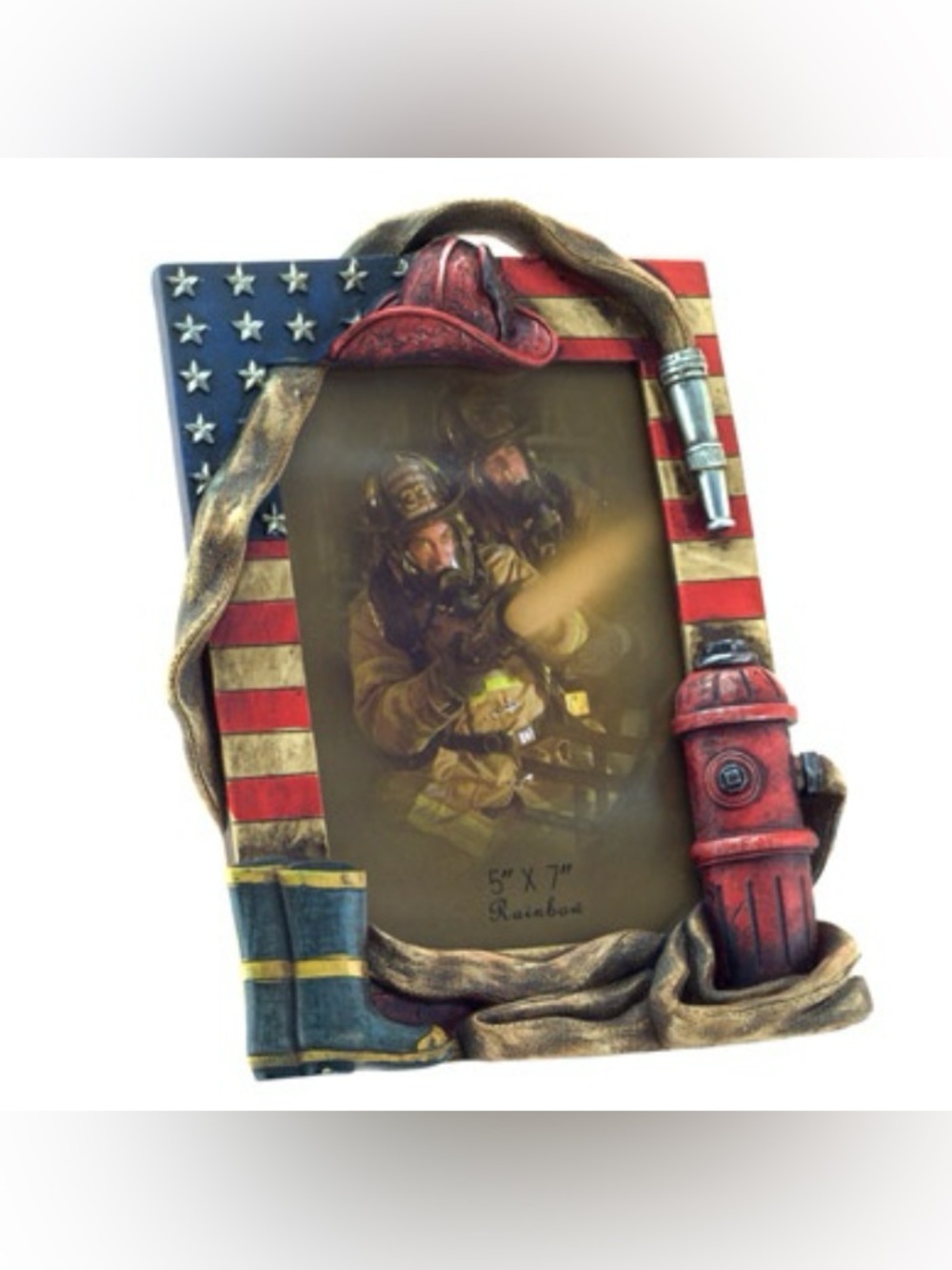Firefighter Patriot US Flag Picture Frame Resin First Responders 5x7" (8.5 Tall)